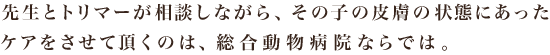 先生がトリマーと相談しながら、その子の皮膚の状態にあったケアをさせて頂くのは、総合動物病院ならでは。
